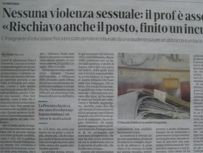 ASSOLTO IL PROFESSORE ACCUSATO DI VIOLENZA SESSUALE NEI CONFRONTI DELL’ALLIEVA