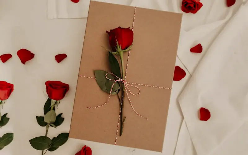 red rose on brown envelope | Photo by Becca Tapert, on https://unsplash.com/@beccatapert?utm_source=centralapp&utm_medium=referral