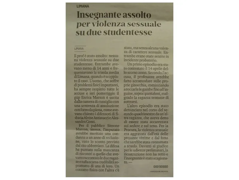 PROFESSORE ACCUSATO DI VIOLENZA SESSUALE SU DUE MINORI: ASSOLTO