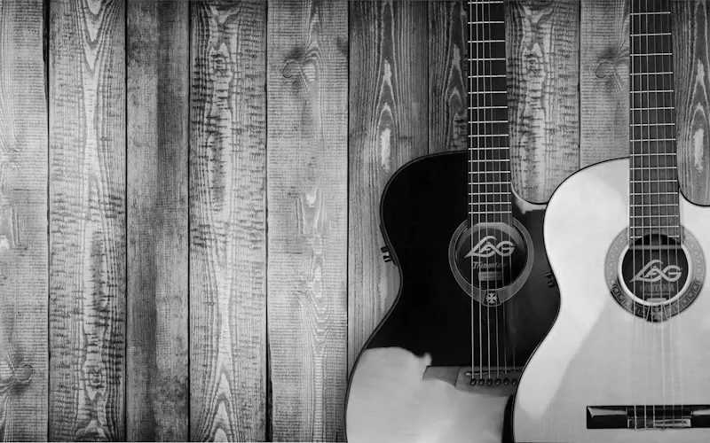 Two acoustic guitars in black and white against a textured wooden wall background. | Photo by Pixabay, on https://www.pexels.com/@pixabay?utm_source=centralapp&utm_medium=referral