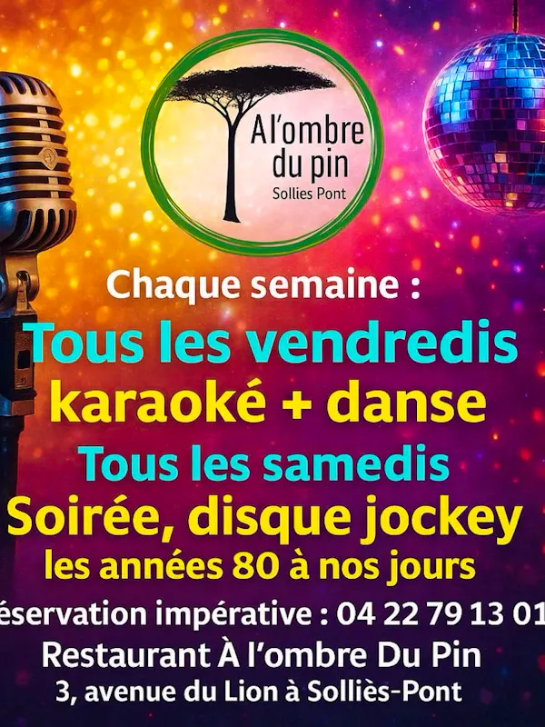 Tous les vendredis soirée Karaoke plus danse.soirée Karaoke plus danse.Tous les samedis tous les samedis soirée,, disque jockey. Réservation, impérative 04 22 79. 13. 01. Pour vos évènements, familiaux ou professionnels, Anniverssaire, etc.