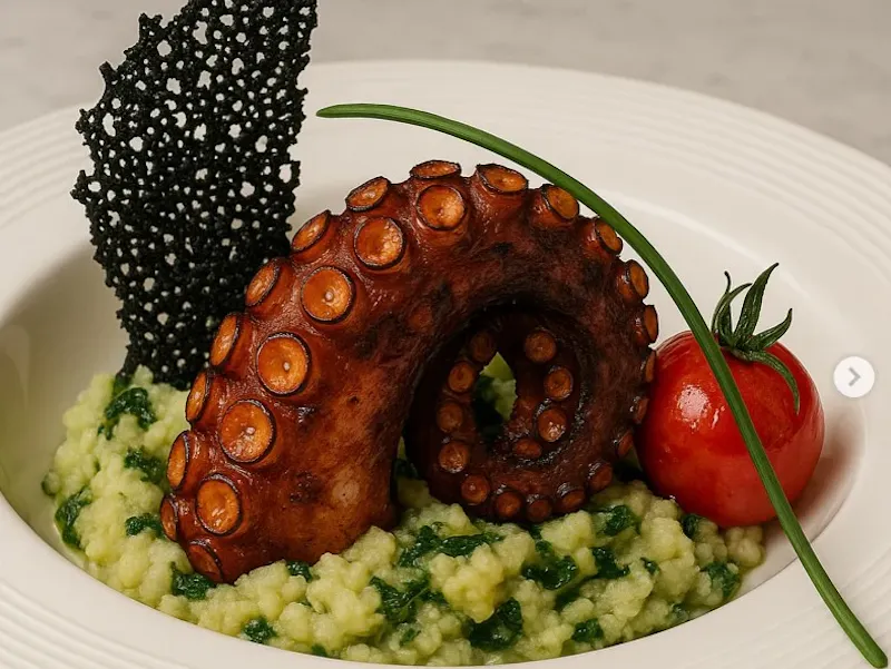 Tentacolo di polpo croccante su semolino con cime di rapa e corallo al nero di seppie